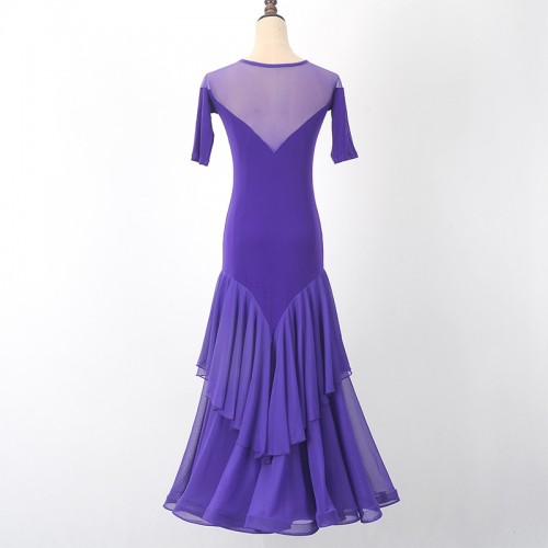 Black purple fuchsia royal blue ballroom dance dress for women mesh long sleeves national standard waltz tango dance long dress chiffon big swing skirt